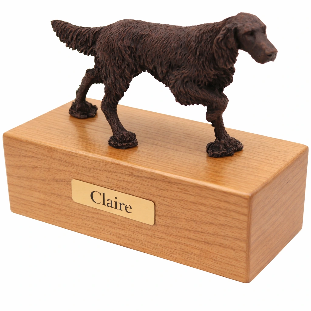 Standing pointing English Setter dog bronze look figurine wood memorial cremation urn, oak finish