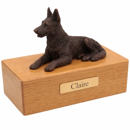 Laying German Shepherd dog bronze look figurine wood memorial cremation urn, oak finish