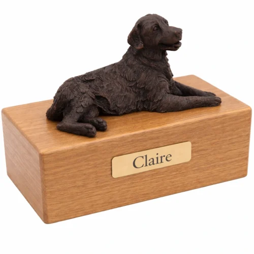 Laying Golden Retriever dog bronze look figurine wood memorial cremation urn, oak finish