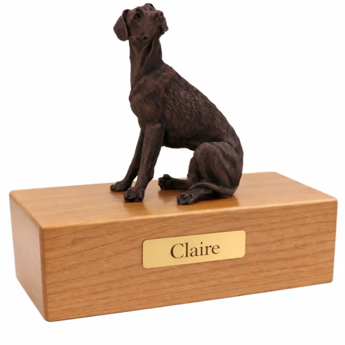 Sitting Great Dane dog bronze look figurine wood memorial cremation urn, oak finish