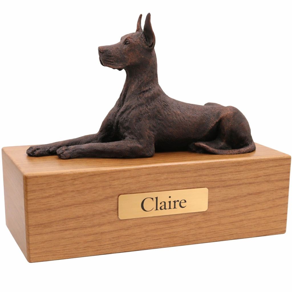 Laying Ears Up Great Dane dog bronze look figurine wood memorial cremation urn, oak finish