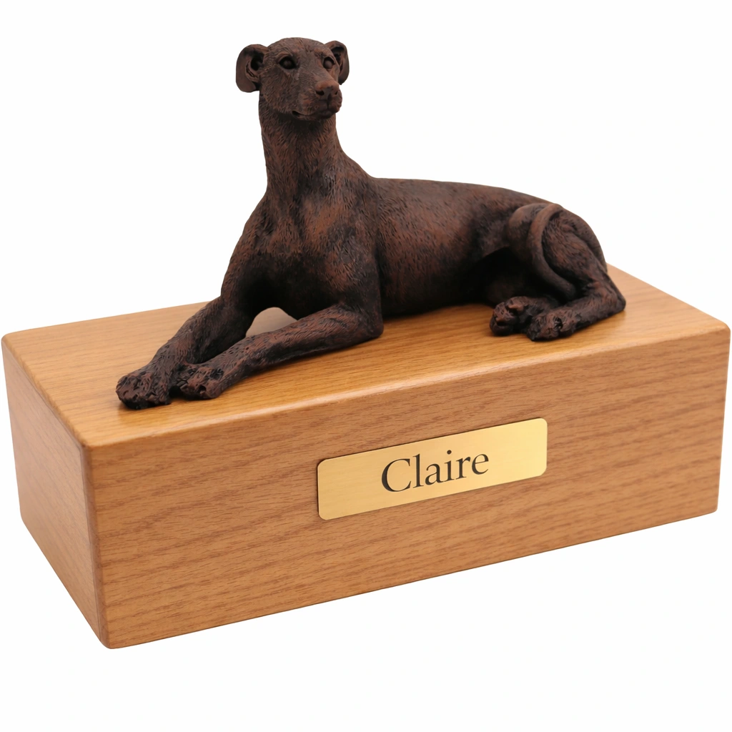 Laying Greyhound dog bronze look figurine wood memorial cremation urn, oak finish