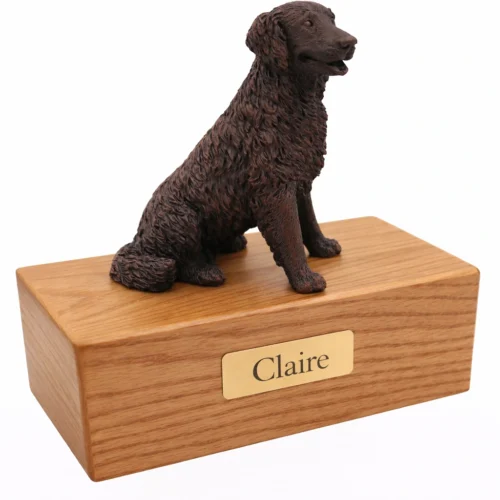 Sitting Labrador Retriever dog bronze look figurine wood memorial cremation urn, oak finish
