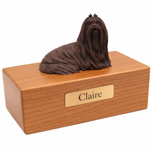 Maltese dog bronze look figurine wood memorial cremation urn, oak finish