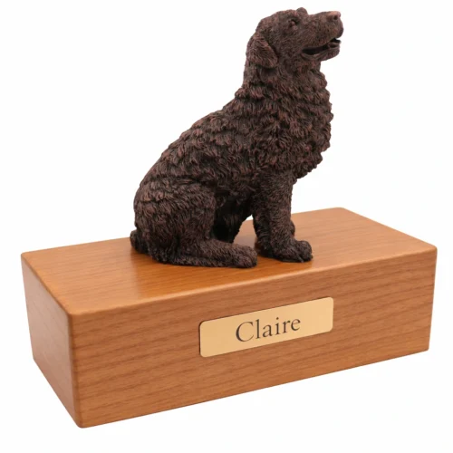 Sitting Newfoundland dog bronze look figurine wood memorial cremation urn, oak finish