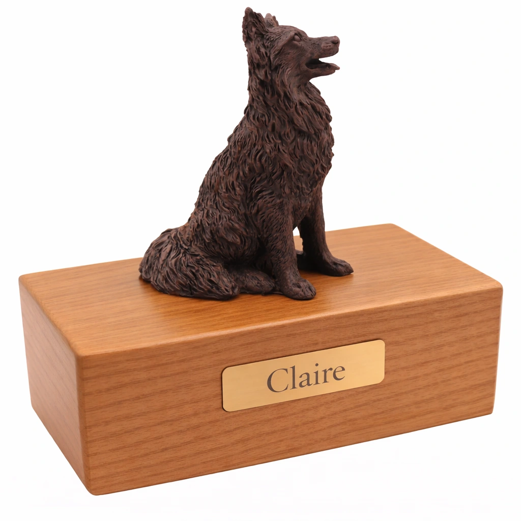 Sitting Papillon dog bronze look figurine wood memorial cremation urn, oak finish