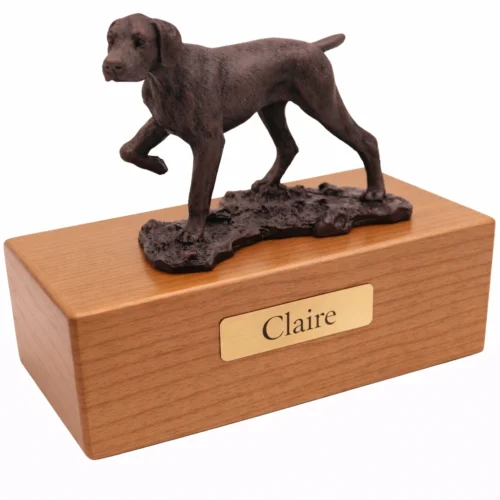 Pointer dog bronze look figurine wood memorial cremation urn, oak finish