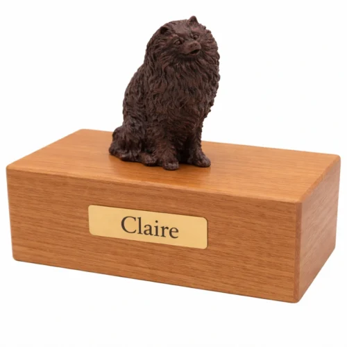 Sitting Pomeranian dog bronze look figurine wood memorial cremation urn, oak finish