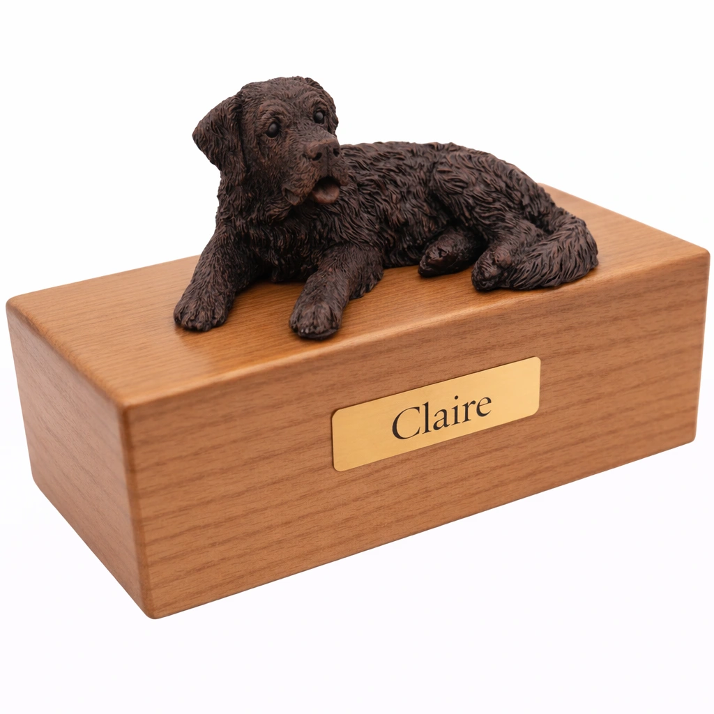 Laying Saint Bernard dog bronze look figurine wood memorial cremation urn, oak finish
