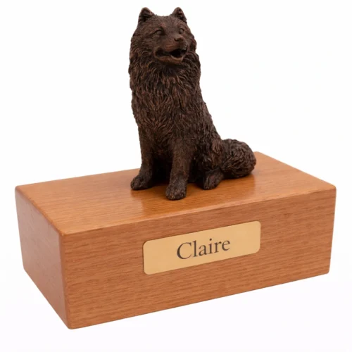 Sitting Samoyed dog bronze look figurine wood memorial cremation urn, oak finish