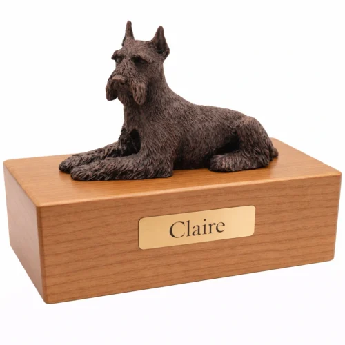 Laying Ears Up Schnauzer dog bronze look figurine wood memorial cremation urn, oak finish