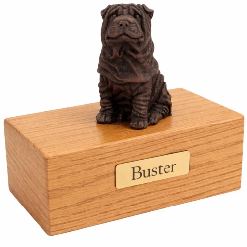 Sitting Shar Pei dog bronze look figurine wood memorial cremation urn, oak finish