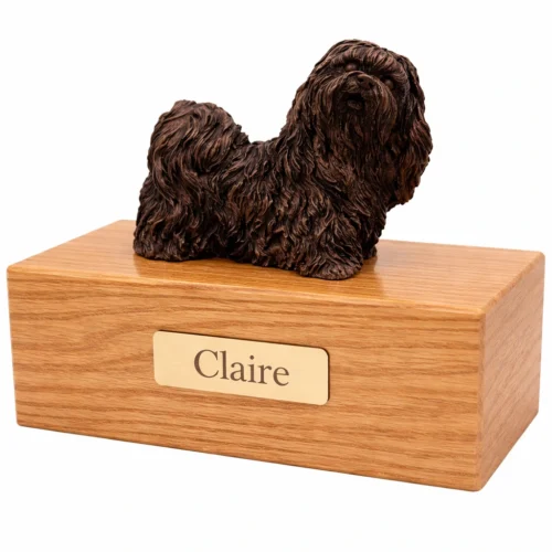 Standing Shih Tzu dog bronze look figurine wood memorial cremation urn, oak finish