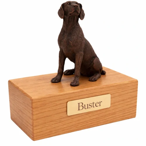 Sitting Weimaraner dog bronze look figurine wood memorial cremation urn, oak finish