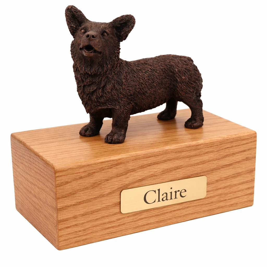 Standing Welsh Corgi dog bronze look figurine wood memorial cremation urn, oak finish