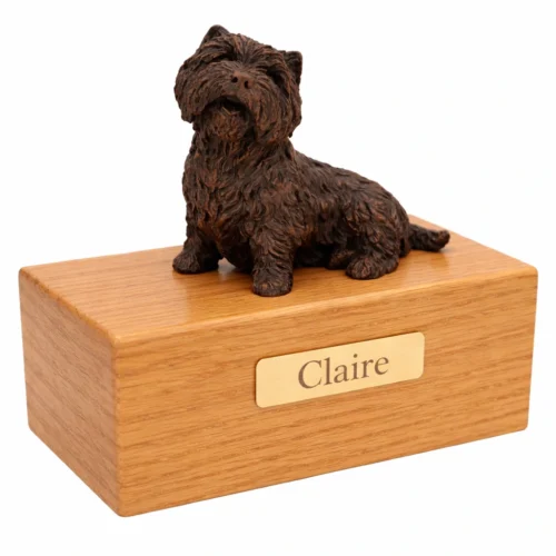 Sitting West Highland Terrier (Westie) dog bronze look figurine wood memorial cremation urn, oak finish