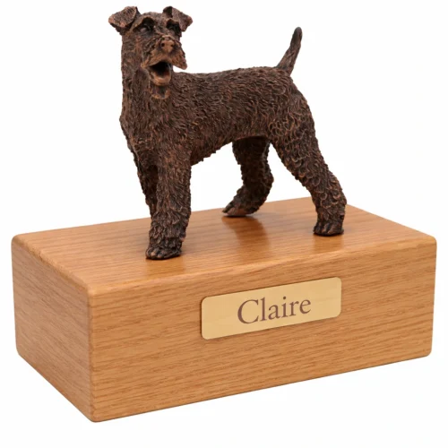 Standing Fox Terrier dog bronze look figurine wood memorial cremation urn, oak finish