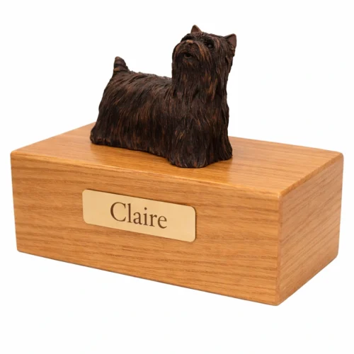 Standing Yorkshire Terrier (Yorkie) dog bronze look figurine wood memorial cremation urn, oak finish