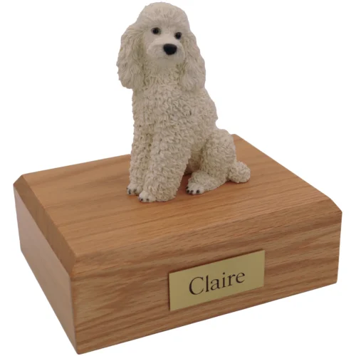 Sitting white poodle dog figurine wood memorial cremation urn