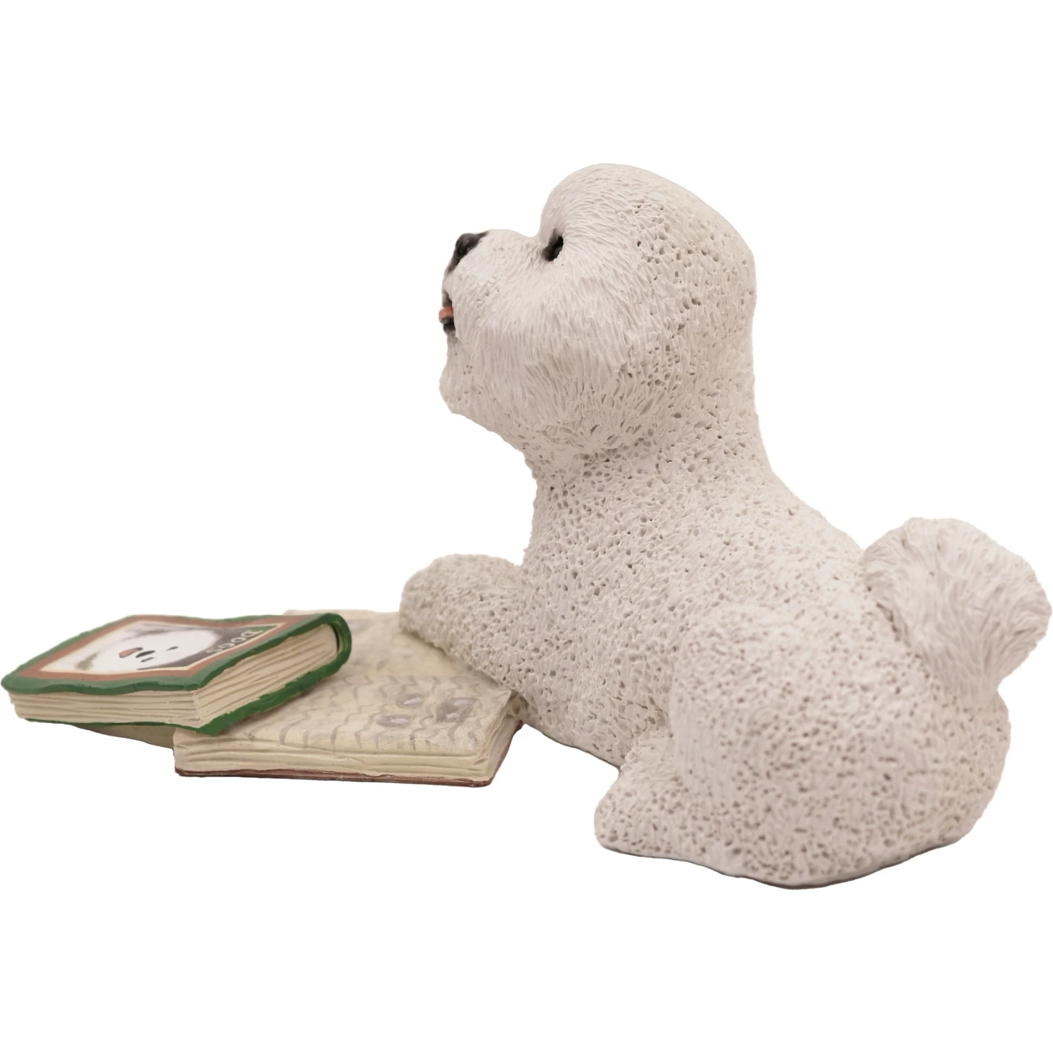 White Bichon Frise with books dog figurine for cremation urn, back view