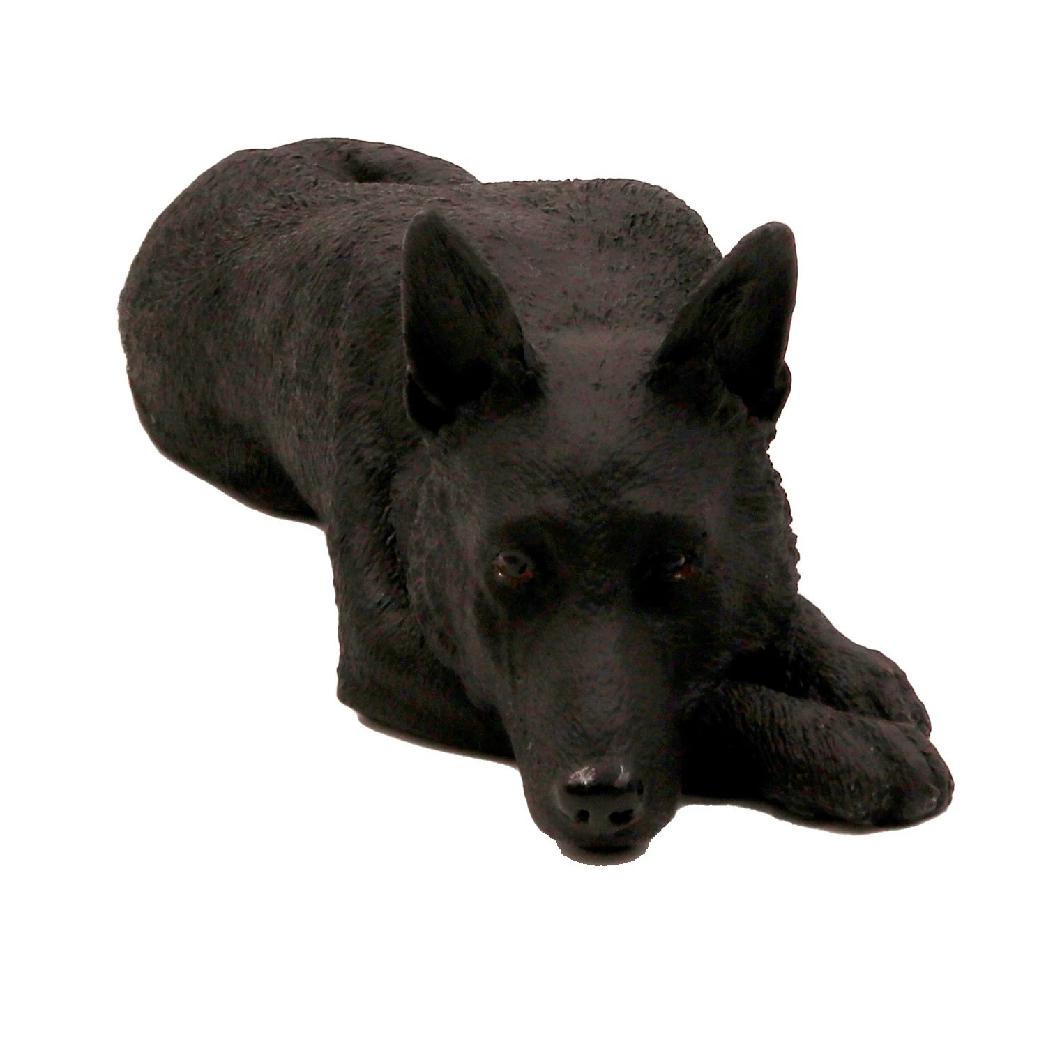 Laying black German Shepherd dog figurine for cremation urn