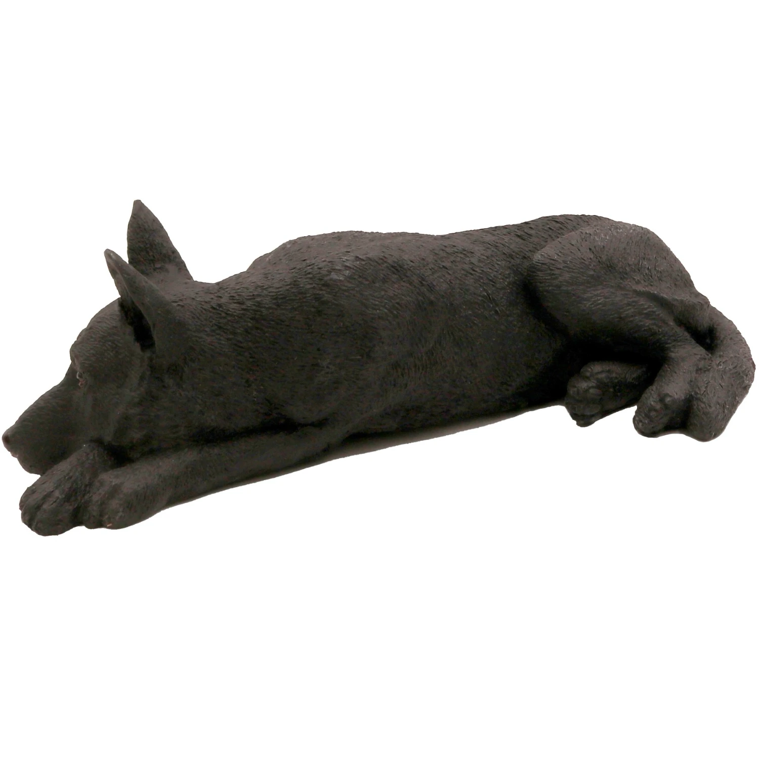 Laying black German Shepherd dog figurine for cremation urn, side view