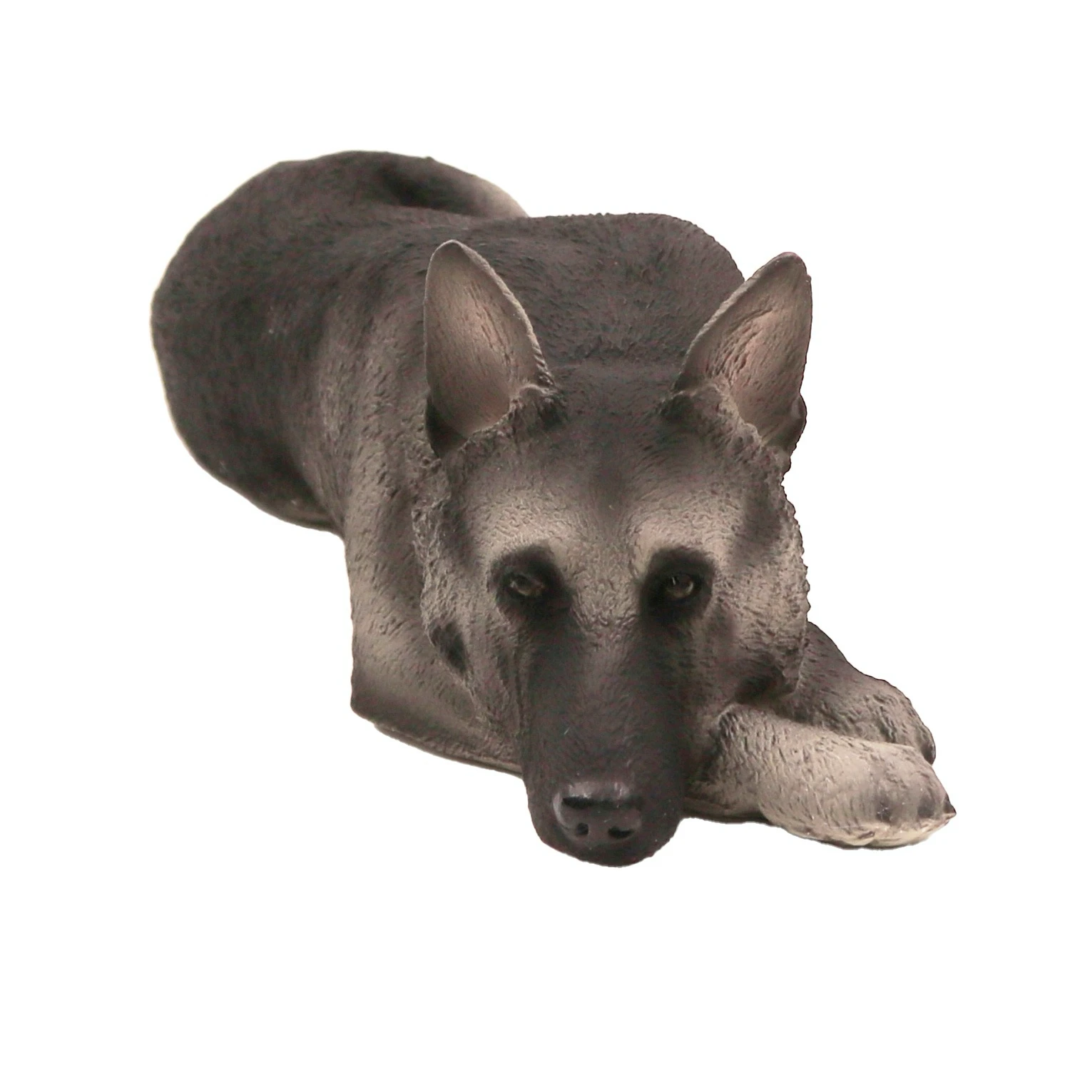 Laying black and silver German Shepherd dog figurine for cremation urn, front view