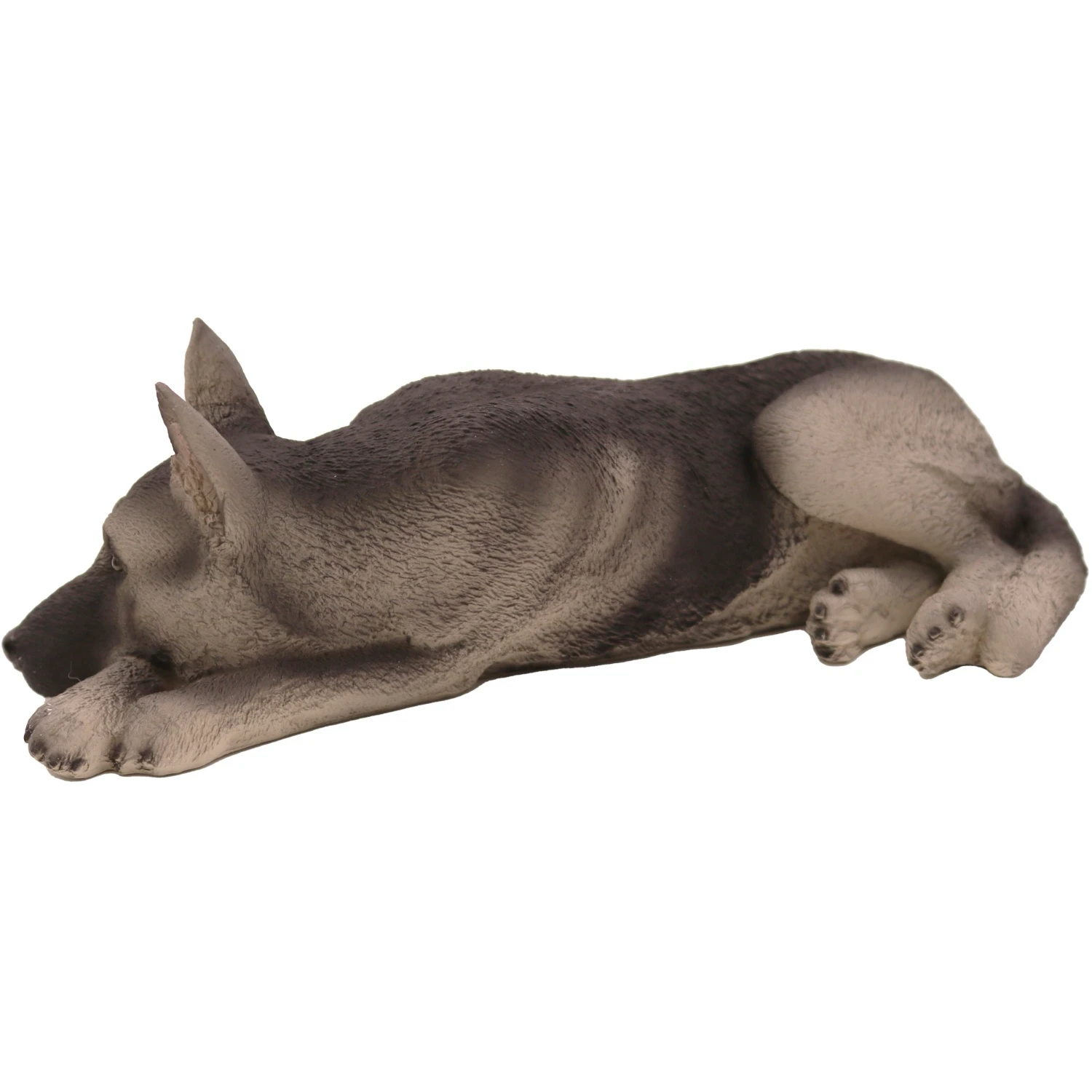 Laying black and silver German Shepherd dog figurine for cremation urn, side view