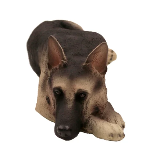 Laying black and tan German Shepherd dog figurine for cremation urn
