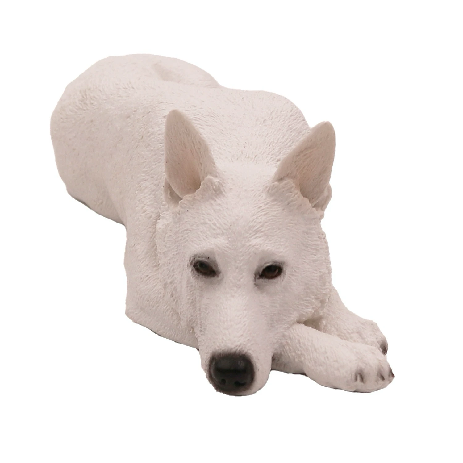 Laying white German Shepherd dog figurine for cremation urn