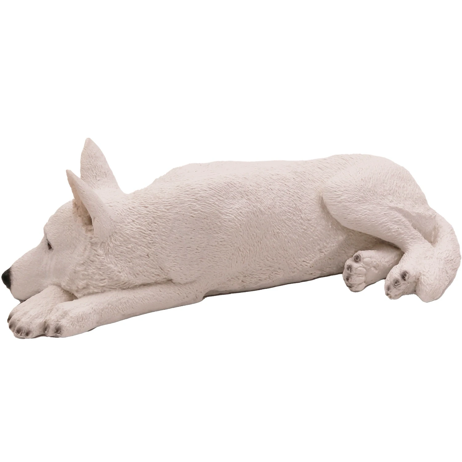 Laying white German Shepherd dog figurine for cremation urn, side view