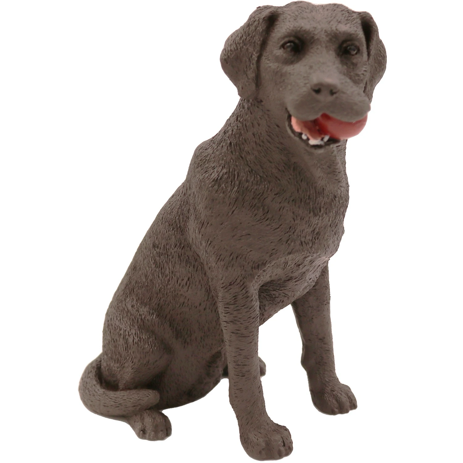 Sitting chocolate Labrador Retriever with ball dog figurine for cremation urn