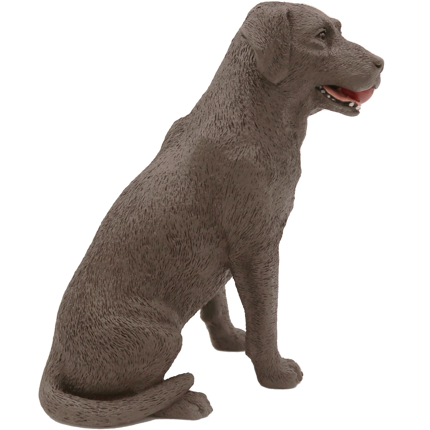 Sitting chocolate Labrador Retriever with ball dog figurine for cremation urn, side view