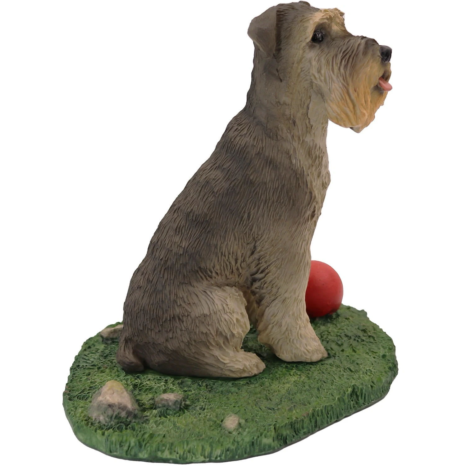 Sitting ears down gray Schnauzer dog figurine for cremation urn, side view