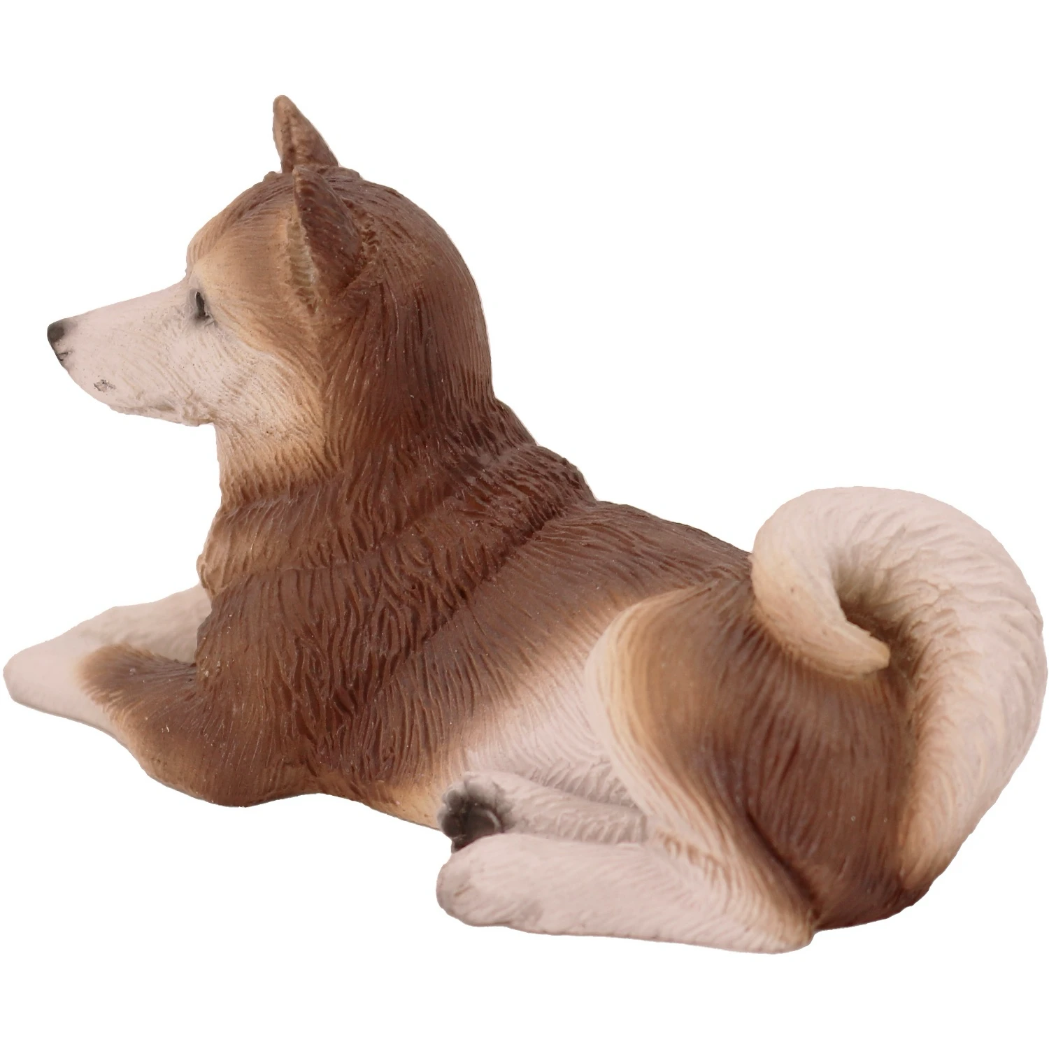 Laying red and white Husky dog figurine for cremation urn, rear view