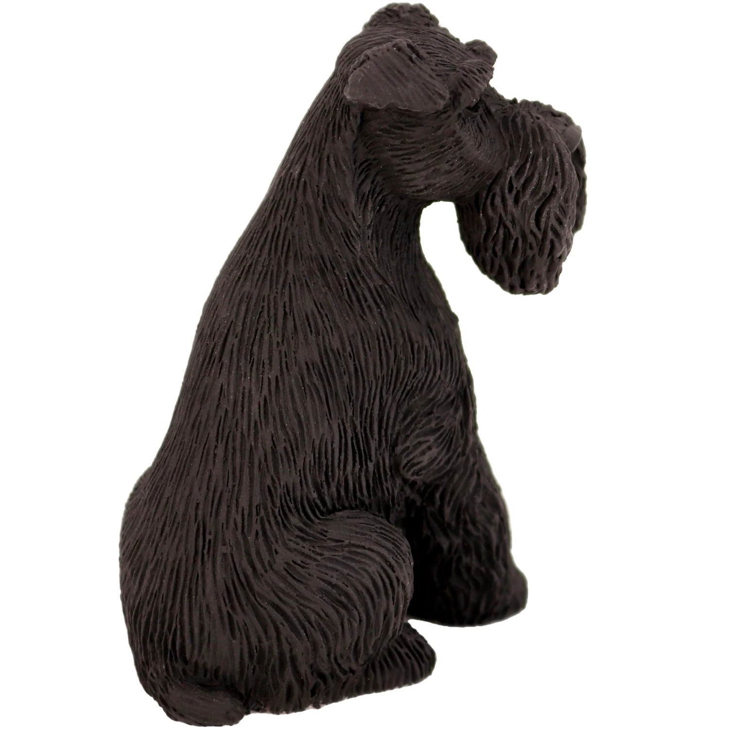 Sitting black ears down Schnauzer dog figurine for cremation urn, rear view