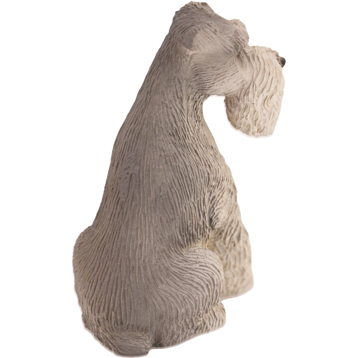 Sitting gray ears down Schnauzer dog figurine for cremation urn, rear view