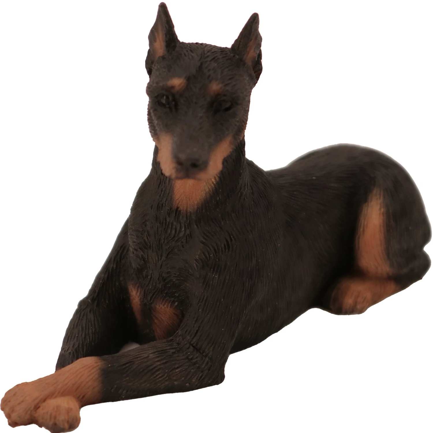 Ears up black Doberman Pinscher dog figurine for cremation urn, front view