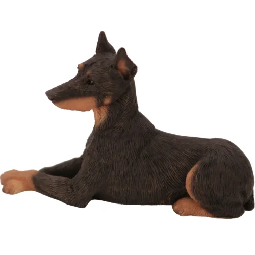 Ears up black Doberman Pinscher dog figurine for cremation urn, side view