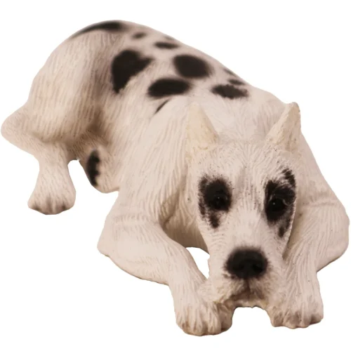 Laying ears up harlequin Great Dane dog figurine for cremation urn, front view