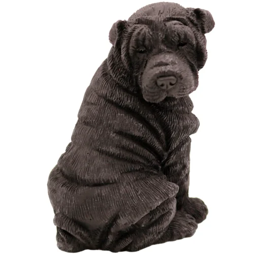 Sitting black Shar Pei dog figurine for cremation urn, front view