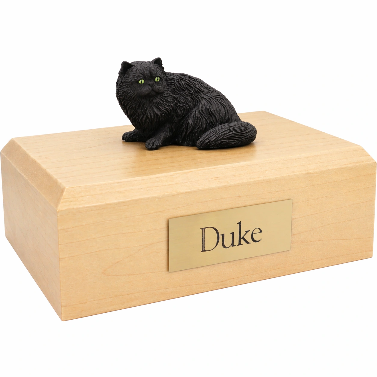 Memorial cremation urn with black Persian cat figurine, maple finish