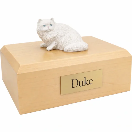 Memorial cremation urn with white Persian cat figurine, maple finish