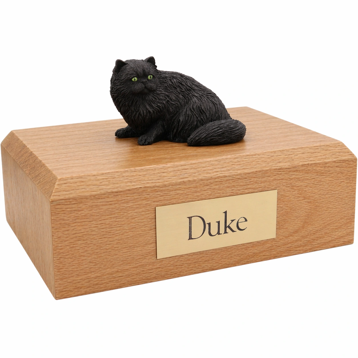 Memorial cremation urn with black Persian cat figurine, oak finish