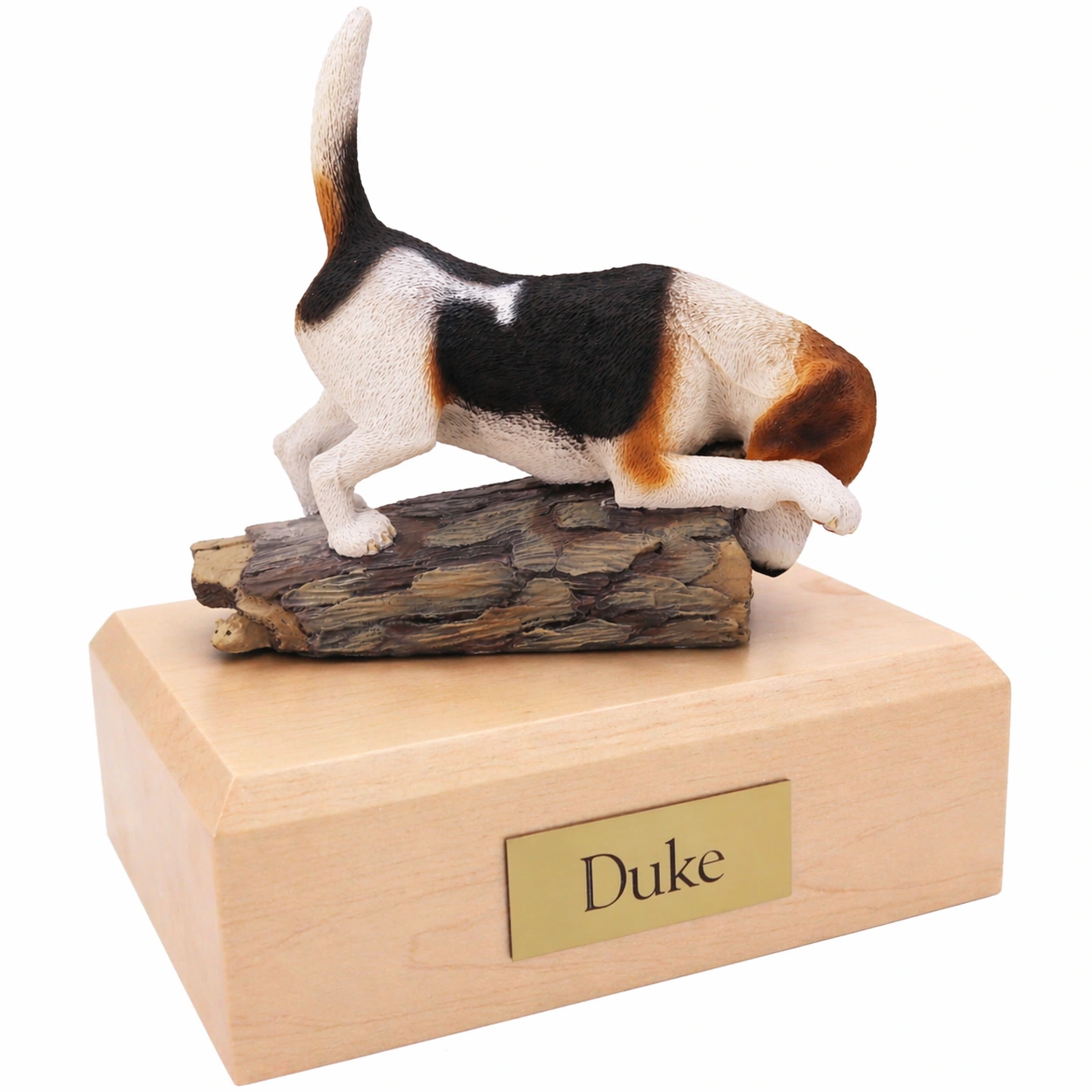Memorial cremation urn with playful Beagle dog figurine, maple finish