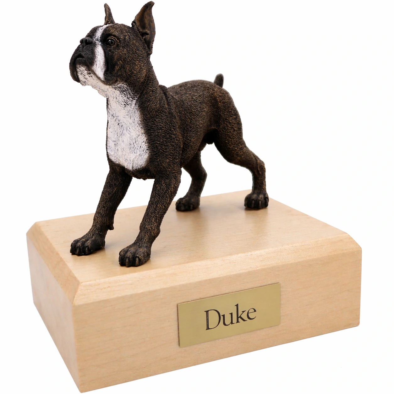 Memorial cremation urn with standing ears up Brindle Boxer dog figurine, maple finish
