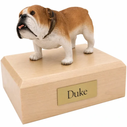 Memorial cremation urn with standing Bulldog dog figurine, maple finish