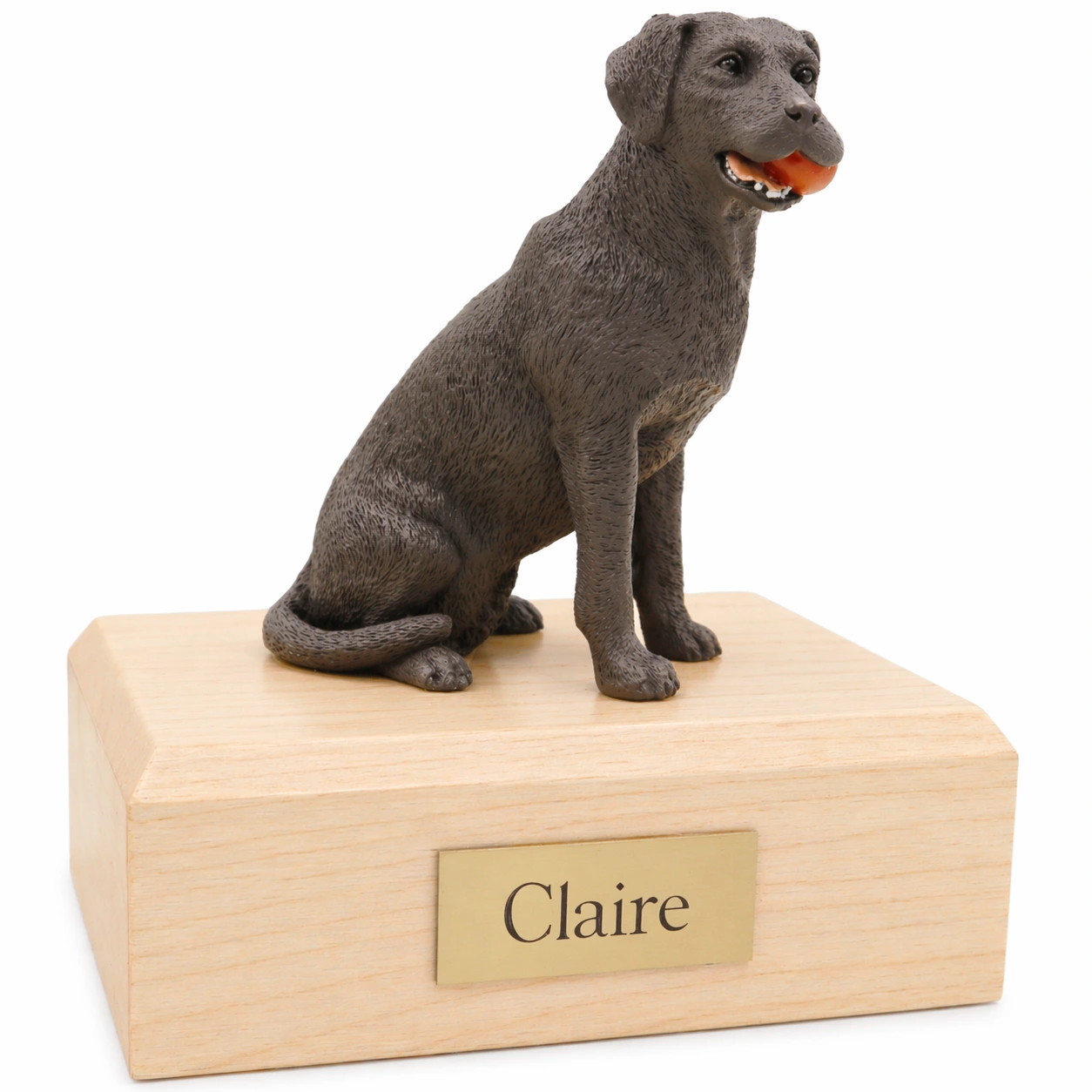 Memorial cremation urn with brown Labrador Retriever with ball dog figurine, maple finish