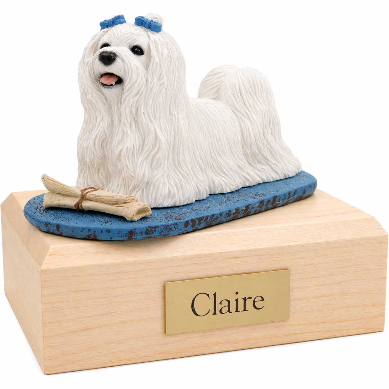 Memorial cremation urn with Maltese dog figurine, maple finish