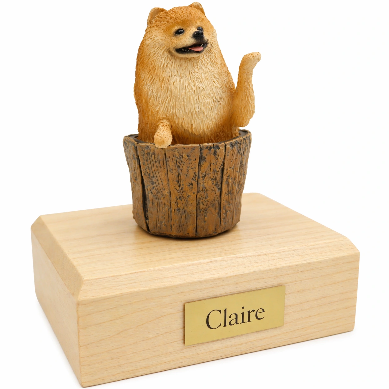 Memorial cremation urn with tan red Pomeranian dog figurine, maple finish